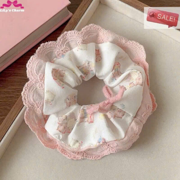 Dây Scrunchies màu hồng, trắng đính kèm nơ dễ thương - Hình ảnh 3
