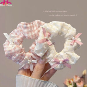 Dây Scrunchies màu hồng, trắng đính kèm nơ dễ thương